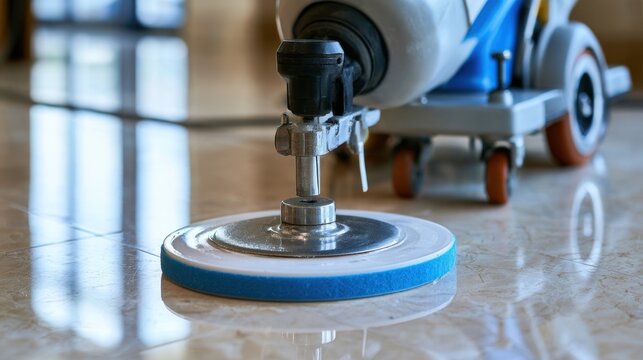 Professional floor polishing machine cleaning shiny marble stone surface for high gloss reflective finish in indoor environment