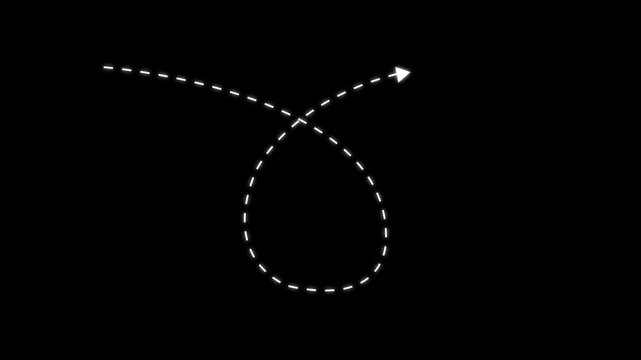 Animated white dashed loop arrow path overlay on transparent background, line