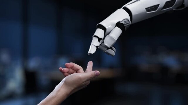 A robotic hand extends toward a holographic cloud symbol, illustrating the integration of artificial intelligence in modern office environments and digital transformation. Synapse