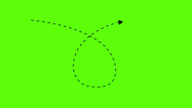 Animated dashed arrow path loop on green screen, hand-drawn style directional pointer overlay line animation
