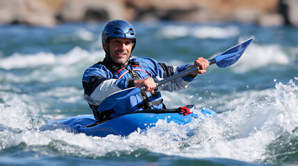Obraz premium professional whitewater kayaking athlete splashing through turbulent river current with paddle in hand representing outdoor adventure courage and active lifestyle in the wild