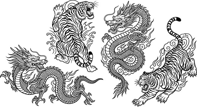 Traditional Japanese Dragon And Tiger Vector Illustration Set Featuring Black and White Irezumi Tattoo Poses For Asian Mythological Wildlife Graphic Designs
