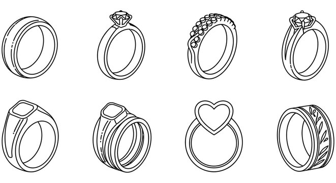 Line art illustrations of various ring designs on a white background