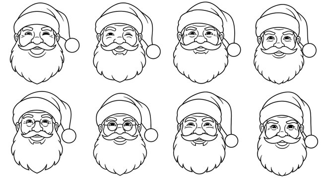 Eight santa claus face illustrations with varying expressions in black and white
