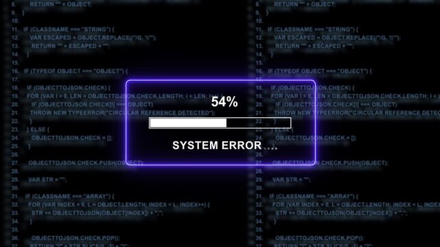 System error loading bar animation over abstract computer programming source code background, featuring dynamic digital, progress indicators for, software development, cybersecurity, and tech failure