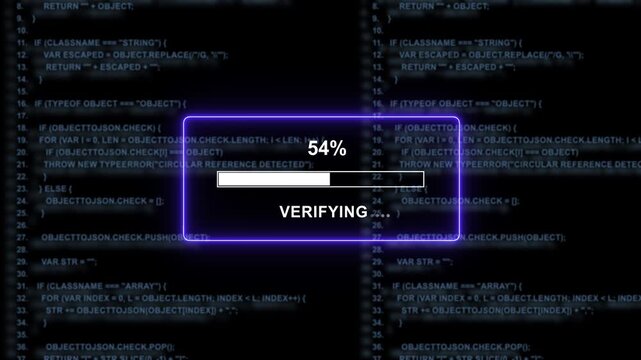 Advanced digital data verification process featuring a glowing progress bar loading percentage over a complex background, of scrolling javascript, programming code for, cybersecurity and software