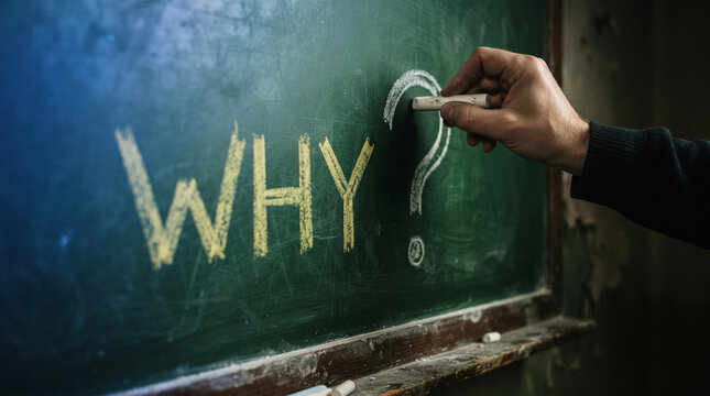 Hand writing the word why with a question mark on a green chalkboard, representing curiosity, inquiry, and the search for knowledge and answers
