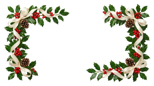 Christmas holly border with red berries and pine cones isolated on transparent background