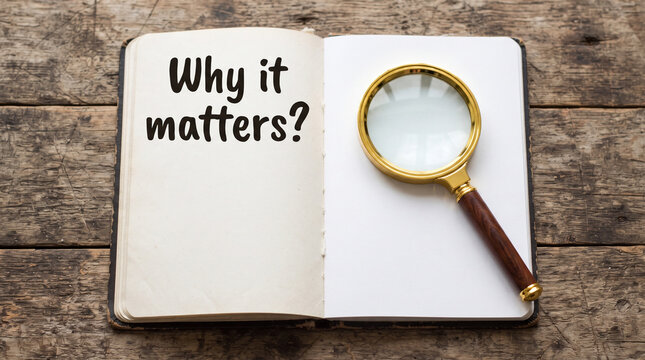 Magnifying glass on an open notebook with the text why it matters on a rustic wooden table