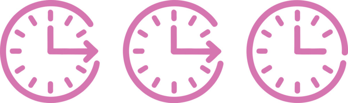 Clock with arrow icon set, reverse arrow with watch symbol, rewind time concept, past and future timeline, deadline, schedule, and productivity design.