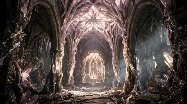 Mystical crystal cathedral interior with glowing mineral arches and ancient stone sanctuary pillars