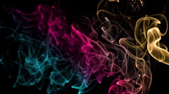 Abstract colorful smoke plumes swirling on a deep black background for artistic design.