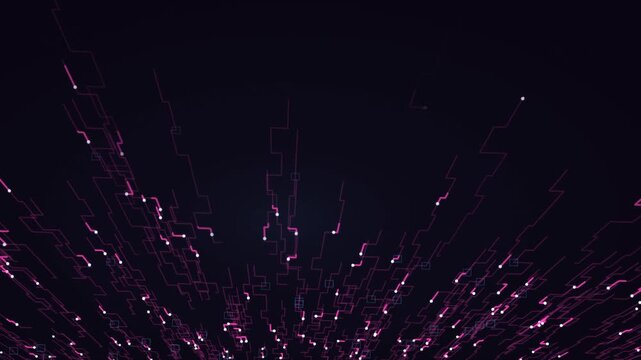 Abstract digital background with glowing pink circuit lines and data nodes, representing network connectivity, technology flow, and futuristic information systems