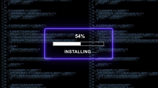 Dynamic digital installation progress bar overlay featuring advancing percentage loading animation against a background, of scrolling computer, programming source code, for software development and