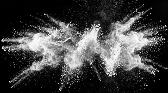 Set of white snow powder explosions on a black background. Dynamic dust clouds and flying flour particles. Abstract motion overlay.