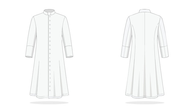 White Clergy Robe or Cassock Technical Fashion Flat Sketch Illustration Featuring Front and Back View Details