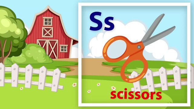 Educational Alphabet Animation Featuring the Letter S and Scissors on a Farm