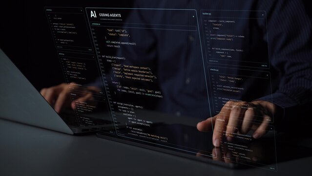 A tablet and laptop are in use. An AI coding workflow delegates tasks to context, planning, building and review agents, connecting separate contributions with implementation and release.