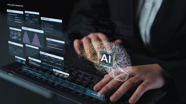 AI specialist works on a laptop. An AI knowledge graph links entities and source material with workplace tasks, illustrating how connected information can support evidence-based decisions.
