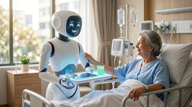 Healthcare robot serves medication to smiling elderly patient in a modern hospital room