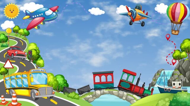 Cartoon Transportation Border Animation with Vehicles and Copy Space Sky