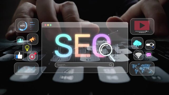 SEO concept for improving SEO visibility, with SEO related digital tools and SEO performance icons shown in an focused layout for strategic marketing. Muxer