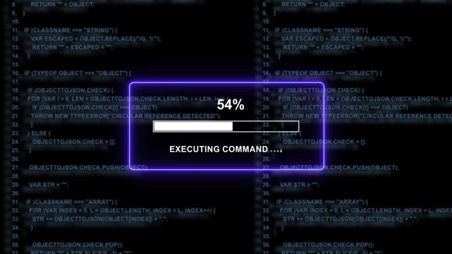 Dynamic digital progress bar loading interface with glowing neon purple border overlaying abstract javascript programming code background, for advanced software, development and cyber security