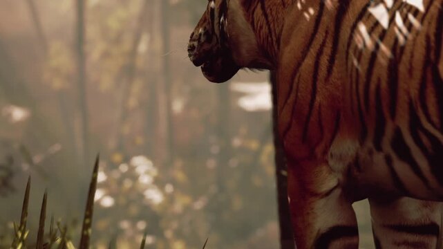 A magnificent tiger moves gracefully among tall grasses and bamboo, sunlight filtering through the trees at dawn, creating a peaceful yet powerful atmosphere in the wilderness.
