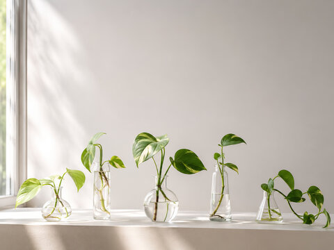 Five pothos plants in clear glass vials reach upwards towards sunlight streaming through a window