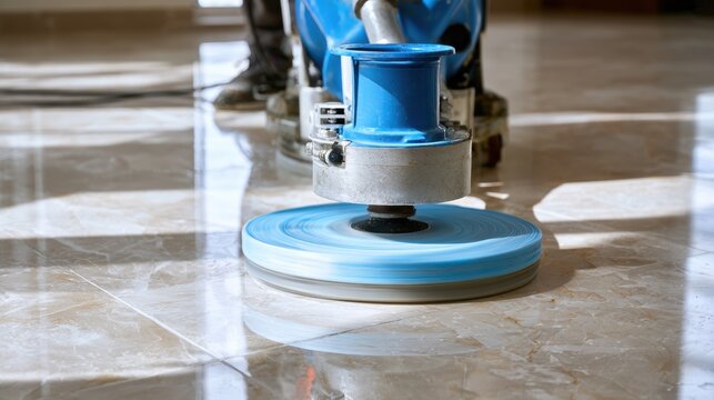 Professional floor cleaning machine polishing shiny tile surface with reflection and smooth finish indoors