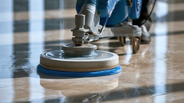Close-up of floor polishing machine with rotating brush cleaning shiny marble surface reflecting light indoors