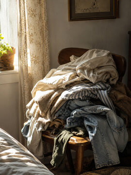 A rumpled pile of clothes &ndash; denim jeans, striped shirts, a brown fleece, and a green jacket &ndash; sits in a wooden armchair bathed in warm, diffused sunlight.
