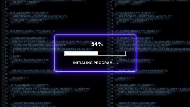 Digital loading bar progress animation with glowing neon ui overlaying abstract software source code background, for high-tech computing, cyber security, data, processing, and futuristic programming