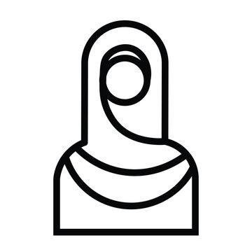 A minimalist black and white line art vector icon of a Muslim woman wearing a traditional hijab headscarf, depicted as a clean front-view profile avatar silhouette isolated on a soliArt & Illustration