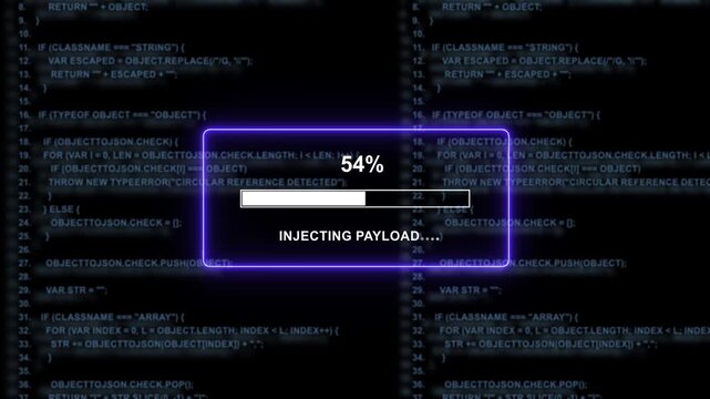 Cybersecurity threat simulation featuring a digital progress bar injecting payload into encrypted source code background, for advanced network, hacking, data breach, and information technology concept