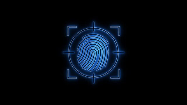 Sci-Fi Fingerprint Scanning Animation with HUD Elements,fingerprint scanner hud icon animation. Neon blue fingerprint scan icon on dark digital background