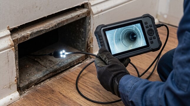 Technician using a borescope inspection camera inside a wall opening