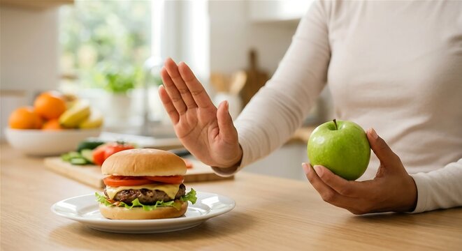 Woman Rejecting Cheeseburger And Choosing Green Apple For Healthy Diet Lifestyle