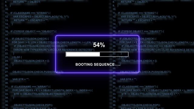 Futuristic digital booting sequence loading bar with scrolling source code background, high-tech computer system initialization interface, cyber security programming data stream, software