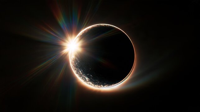 Solar eclipse with bright sun rays glowing behind dark planet silhouette in outer space with light flare and cosmic background