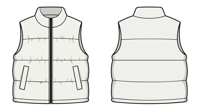 Men Padded Gilet Puffer Vest Technical Fashion Flat Sketch With Front and Back View For Apparel Design Template