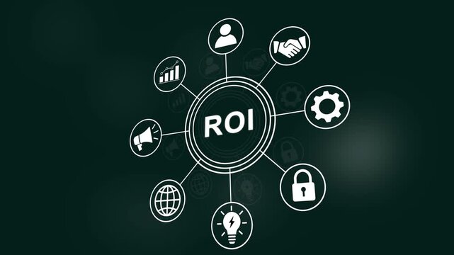 Dynamic return on investment roi concept infographic animation featuring interconnected business and strategic growth symbols for corporate financial presentations and marketing data analysis projects