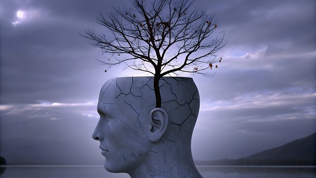 Surreal human head sculpture with a growing tree against a dramatic cloudy sky