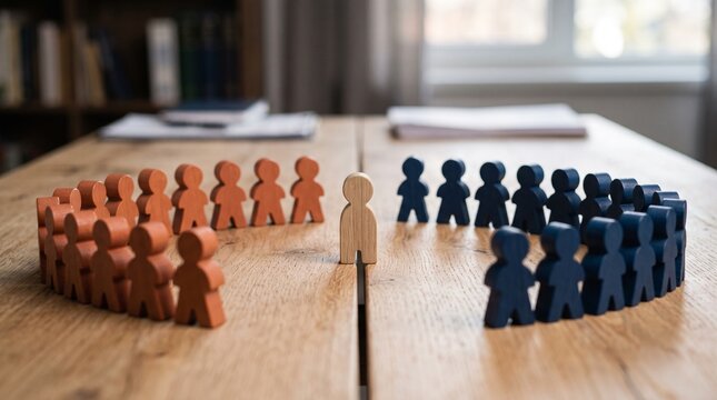 Wooden figures representing groups facing each other with a mediator