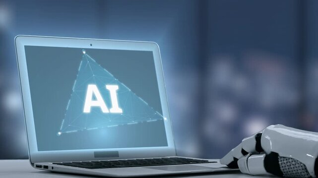 A captivating visual showcasing a robotic hand reaching for a laptop screen displaying AI symbols, representing the merging of technology and human-like intelligence for future innovations. Salient