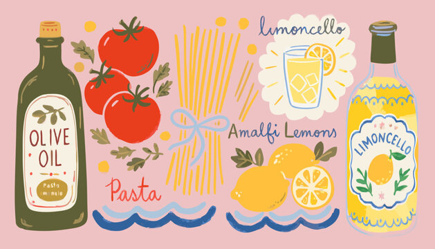 A hand drawn vector illustration showcases italian culinary elements including olive oil tomatoes pasta lemons and limoncello bottles food spaghetti oliveoil lemon citrus