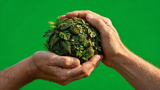 Energy saving concept with hands protecting a green plant globe