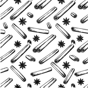 Hand-drawn seamless pattern of cinnamon sticks and star anise