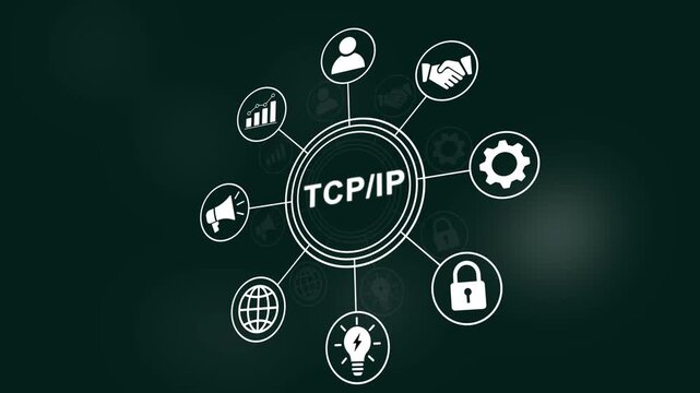 Dynamic tcp/ip network protocol infographic animation featuring interconnected digital for modern cybersecurity, global internet communication, data transfer systems, and advanced corporate it