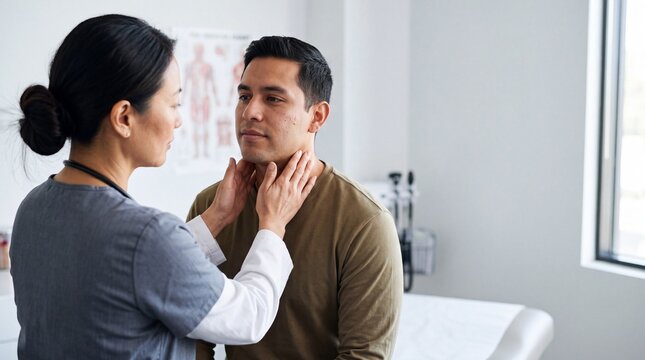 Doctor examining neck lymph nodes of hispanic male patient in clinic. Healthcare practitioner conducting physical examination in medical checkup office.